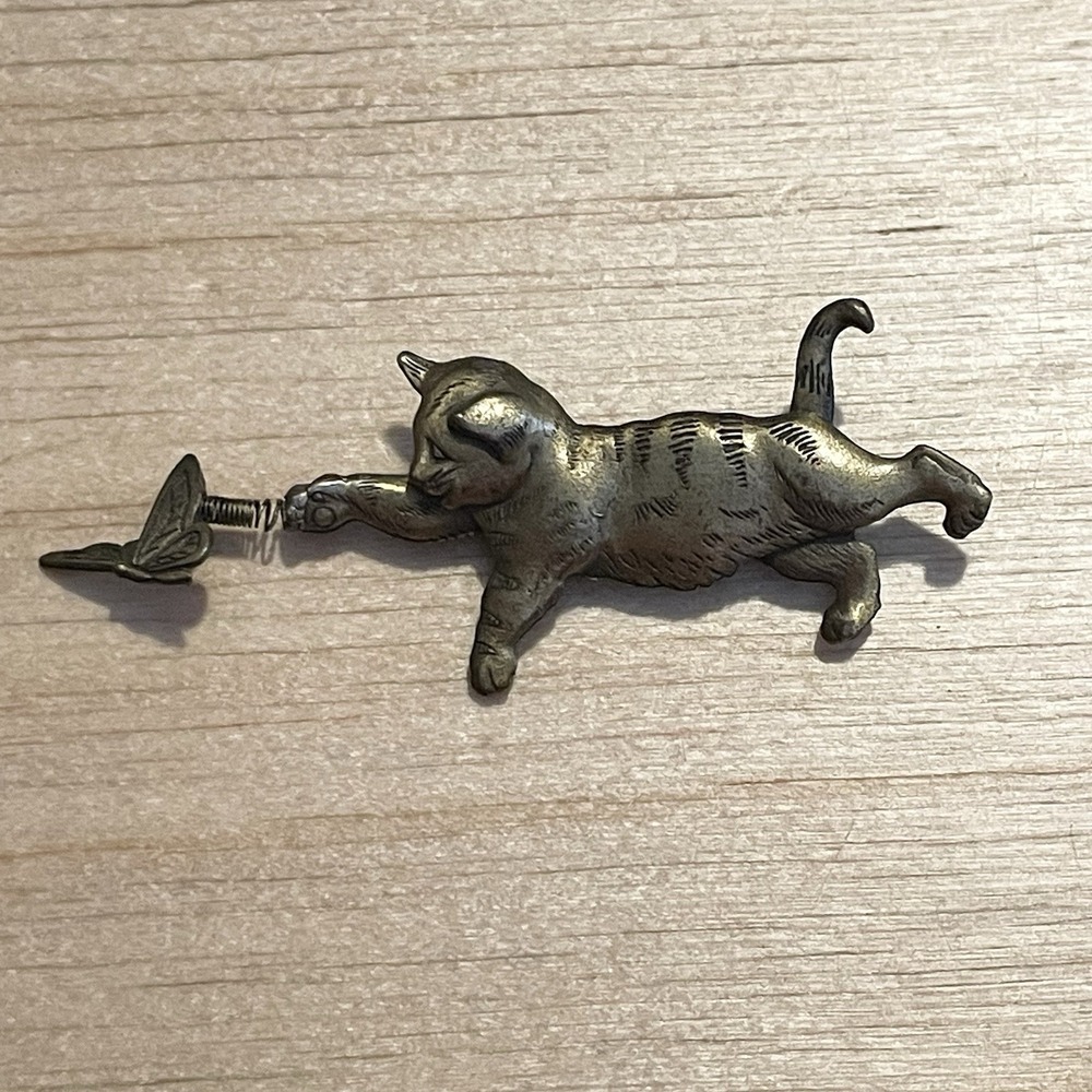 Vintage 1980s JJ Jonette Jewelry Cat Butterfly Brooch Spring Dangle Kitten Pin